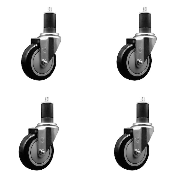 4'' SS Black Poly Wheel Swivel 1-5/8'' Expanding Stem Caster Set, 4PK